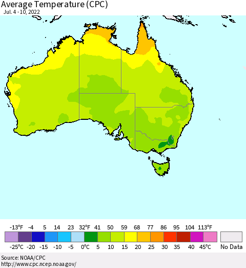 Australia Average Temperature (CPC) Thematic Map For 7/4/2022 - 7/10/2022