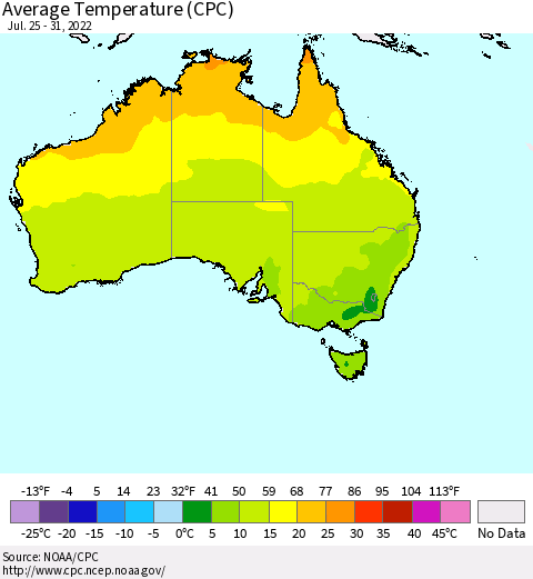 Australia Average Temperature (CPC) Thematic Map For 7/25/2022 - 7/31/2022