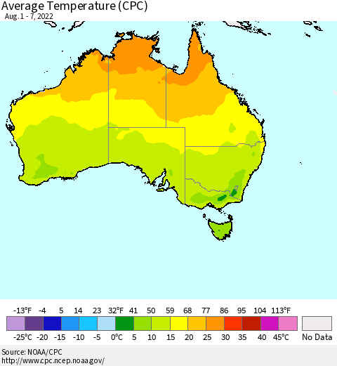 Australia Average Temperature (CPC) Thematic Map For 8/1/2022 - 8/7/2022