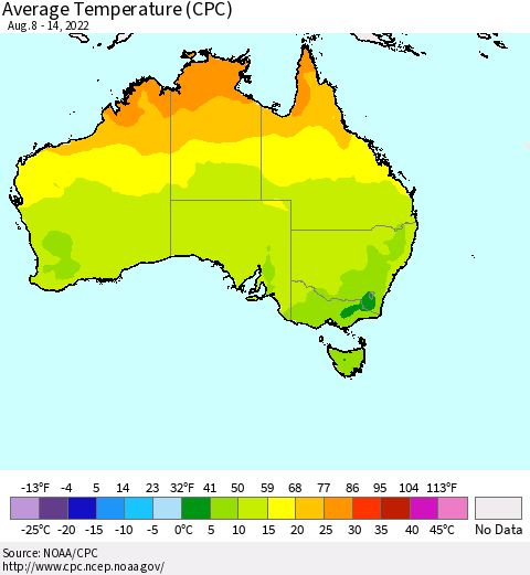 Australia Average Temperature (CPC) Thematic Map For 8/8/2022 - 8/14/2022