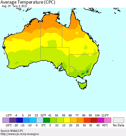 Australia Average Temperature (CPC) Thematic Map For 8/29/2022 - 9/4/2022