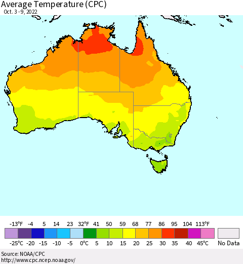 Australia Average Temperature (CPC) Thematic Map For 10/3/2022 - 10/9/2022
