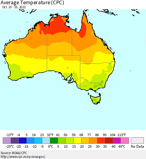 Australia Average Temperature (CPC) Thematic Map For 10/10/2022 - 10/16/2022