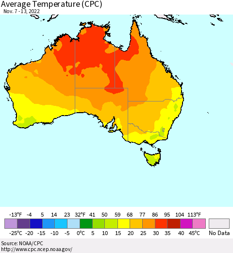 Australia Average Temperature (CPC) Thematic Map For 11/7/2022 - 11/13/2022