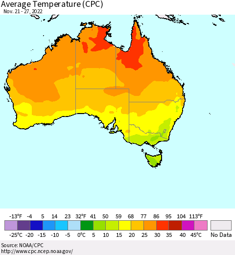 Australia Average Temperature (CPC) Thematic Map For 11/21/2022 - 11/27/2022