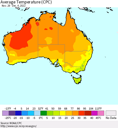 Australia Average Temperature (CPC) Thematic Map For 11/28/2022 - 12/4/2022