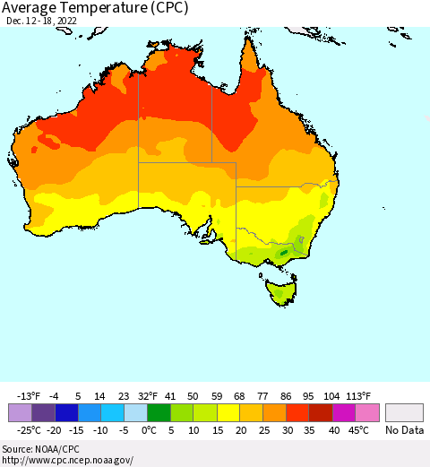 Australia Average Temperature (CPC) Thematic Map For 12/12/2022 - 12/18/2022