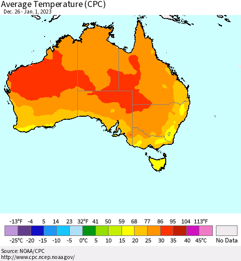 Australia Average Temperature (CPC) Thematic Map For 12/26/2022 - 1/1/2023