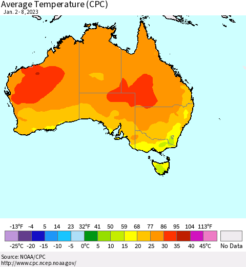 Australia Average Temperature (CPC) Thematic Map For 1/2/2023 - 1/8/2023