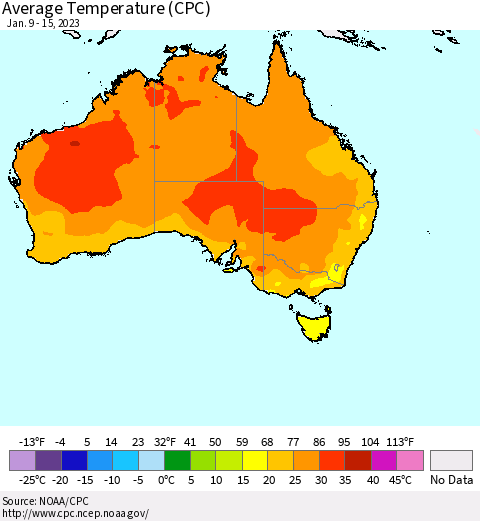 Australia Average Temperature (CPC) Thematic Map For 1/9/2023 - 1/15/2023