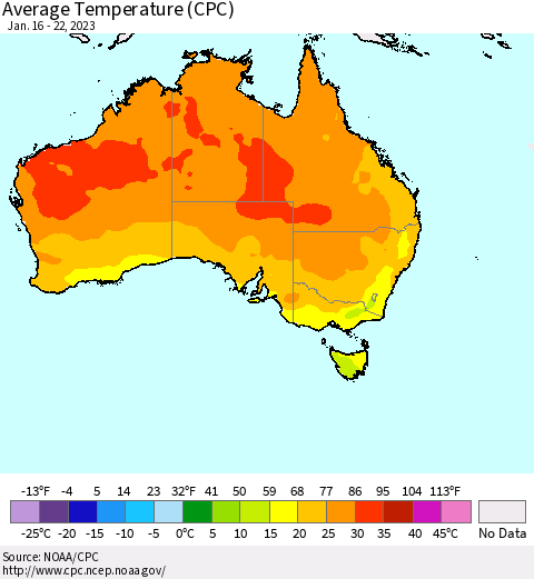 Australia Average Temperature (CPC) Thematic Map For 1/16/2023 - 1/22/2023