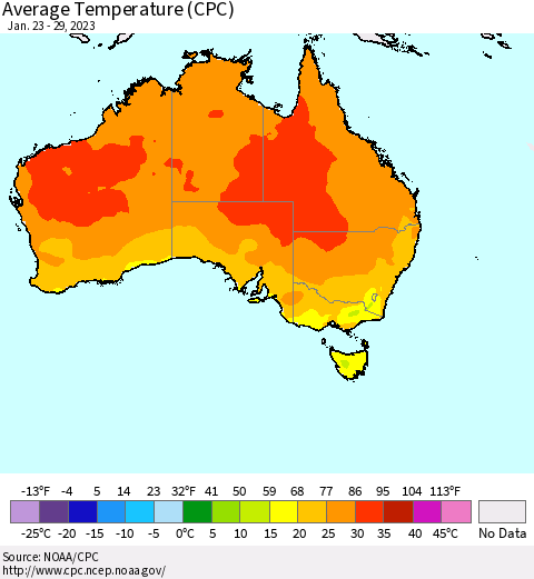 Australia Average Temperature (CPC) Thematic Map For 1/23/2023 - 1/29/2023