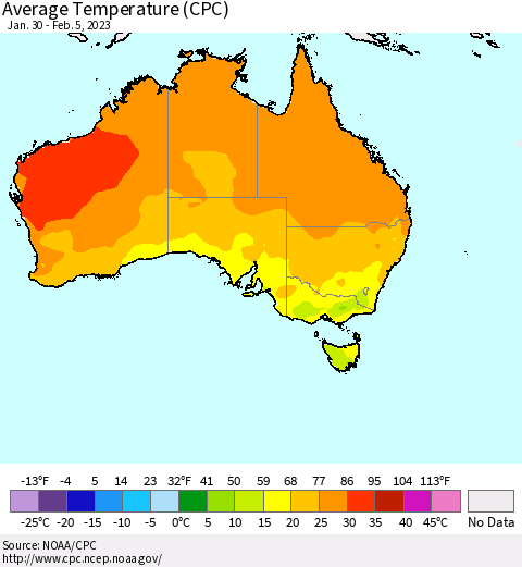 Australia Average Temperature (CPC) Thematic Map For 1/30/2023 - 2/5/2023