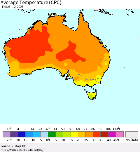 Australia Average Temperature (CPC) Thematic Map For 2/6/2023 - 2/12/2023
