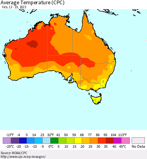 Australia Average Temperature (CPC) Thematic Map For 2/13/2023 - 2/19/2023