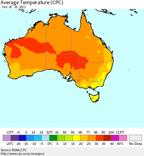 Australia Average Temperature (CPC) Thematic Map For 2/20/2023 - 2/26/2023