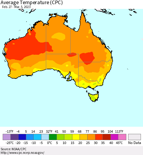 Australia Average Temperature (CPC) Thematic Map For 2/27/2023 - 3/5/2023