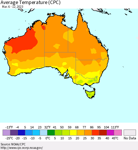 Australia Average Temperature (CPC) Thematic Map For 3/6/2023 - 3/12/2023