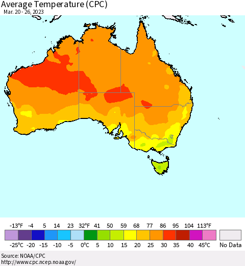 Australia Average Temperature (CPC) Thematic Map For 3/20/2023 - 3/26/2023
