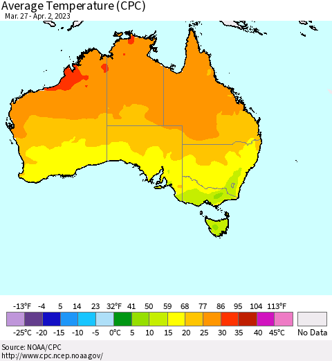 Australia Average Temperature (CPC) Thematic Map For 3/27/2023 - 4/2/2023