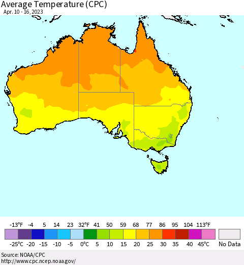 Australia Average Temperature (CPC) Thematic Map For 4/10/2023 - 4/16/2023