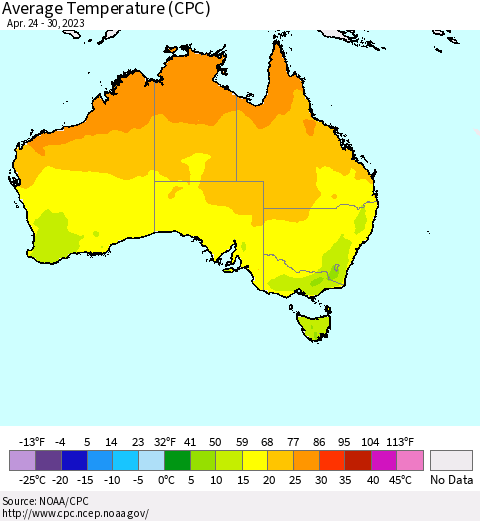 Australia Average Temperature (CPC) Thematic Map For 4/24/2023 - 4/30/2023