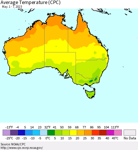 Australia Average Temperature (CPC) Thematic Map For 5/1/2023 - 5/7/2023