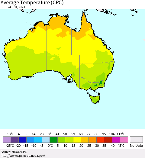 Australia Average Temperature (CPC) Thematic Map For 7/24/2023 - 7/30/2023