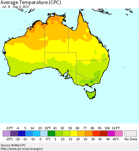 Australia Average Temperature (CPC) Thematic Map For 7/31/2023 - 8/6/2023