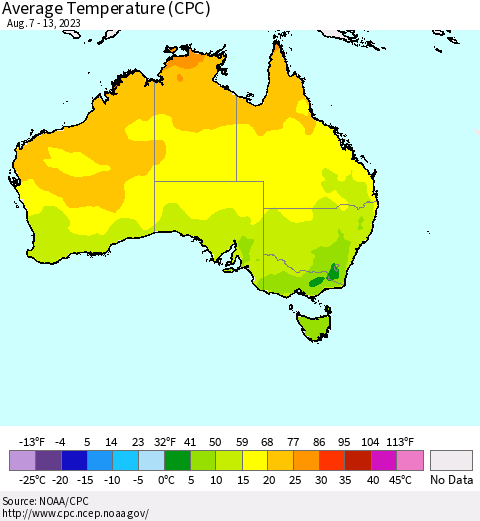 Australia Average Temperature (CPC) Thematic Map For 8/7/2023 - 8/13/2023