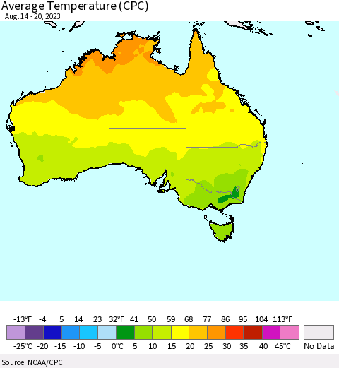 Australia Average Temperature (CPC) Thematic Map For 8/14/2023 - 8/20/2023