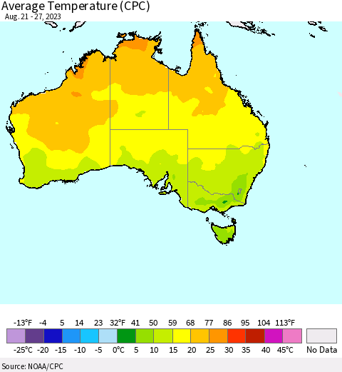 Australia Average Temperature (CPC) Thematic Map For 8/21/2023 - 8/27/2023