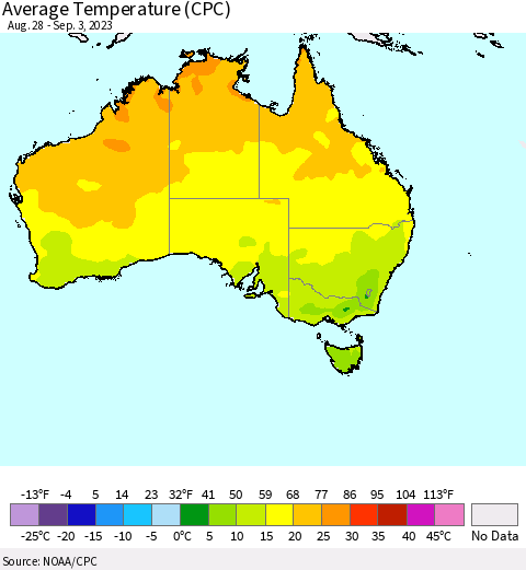 Australia Average Temperature (CPC) Thematic Map For 8/28/2023 - 9/3/2023