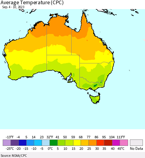 Australia Average Temperature (CPC) Thematic Map For 9/4/2023 - 9/10/2023
