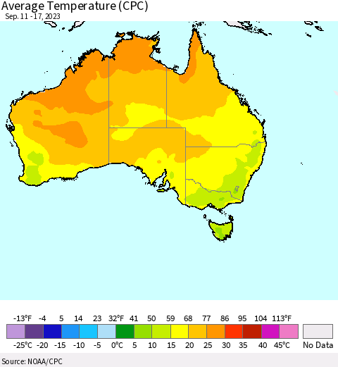 Australia Average Temperature (CPC) Thematic Map For 9/11/2023 - 9/17/2023