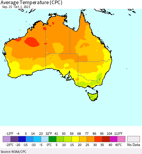 Australia Average Temperature (CPC) Thematic Map For 9/25/2023 - 10/1/2023