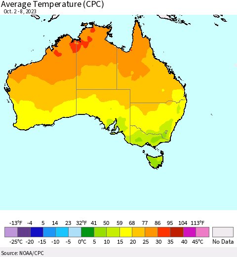 Australia Average Temperature (CPC) Thematic Map For 10/2/2023 - 10/8/2023