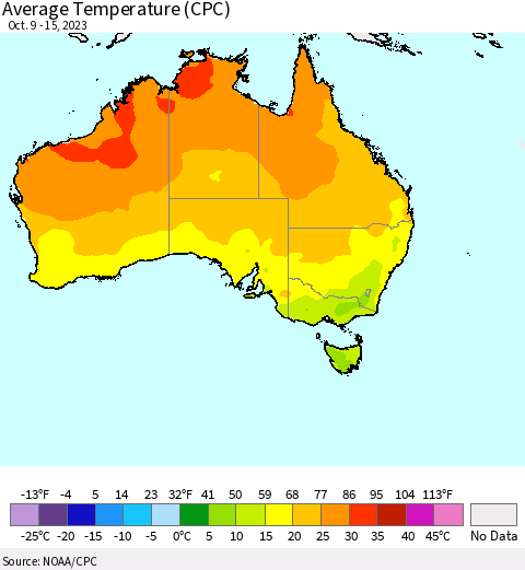 Australia Average Temperature (CPC) Thematic Map For 10/9/2023 - 10/15/2023
