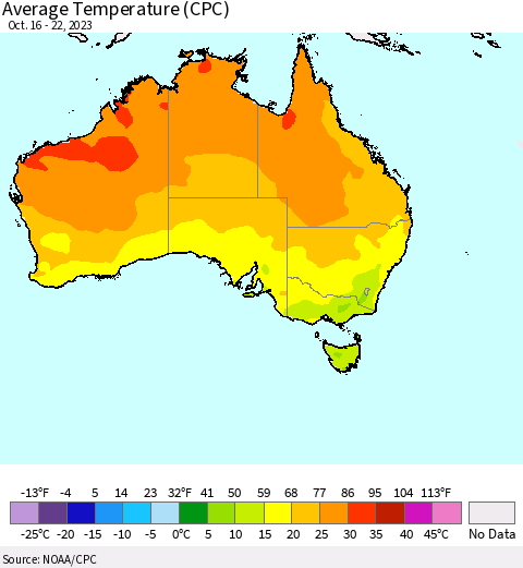 Australia Average Temperature (CPC) Thematic Map For 10/16/2023 - 10/22/2023