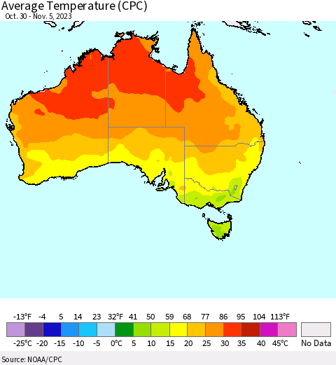Australia Average Temperature (CPC) Thematic Map For 10/30/2023 - 11/5/2023