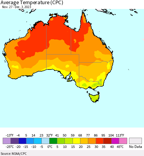 Australia Average Temperature (CPC) Thematic Map For 11/27/2023 - 12/3/2023