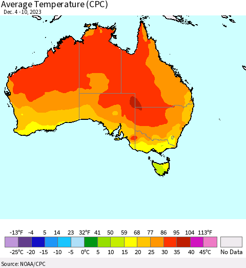 Australia Average Temperature (CPC) Thematic Map For 12/4/2023 - 12/10/2023