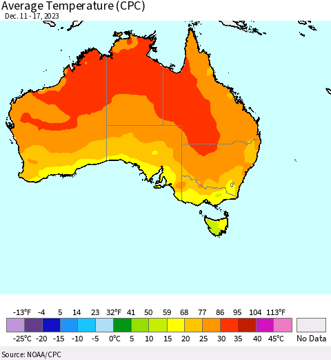Australia Average Temperature (CPC) Thematic Map For 12/11/2023 - 12/17/2023
