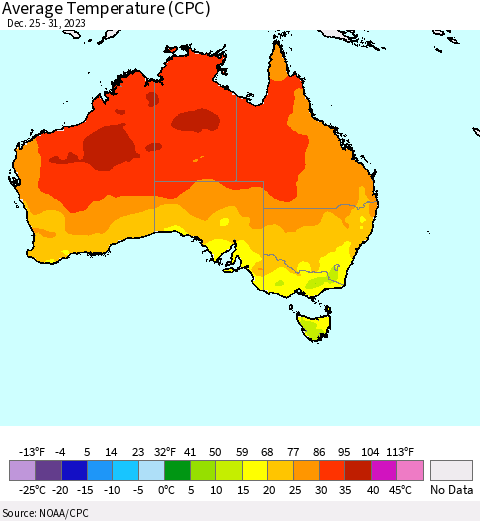 Australia Average Temperature (CPC) Thematic Map For 12/25/2023 - 12/31/2023