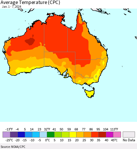 Australia Average Temperature (CPC) Thematic Map For 1/1/2024 - 1/7/2024