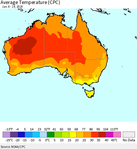 Australia Average Temperature (CPC) Thematic Map For 1/8/2024 - 1/14/2024