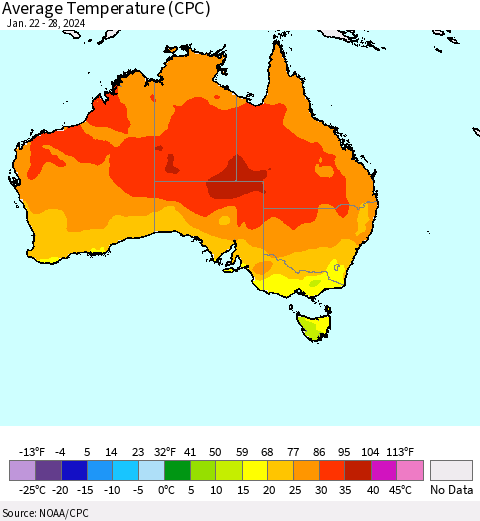 Australia Average Temperature (CPC) Thematic Map For 1/22/2024 - 1/28/2024