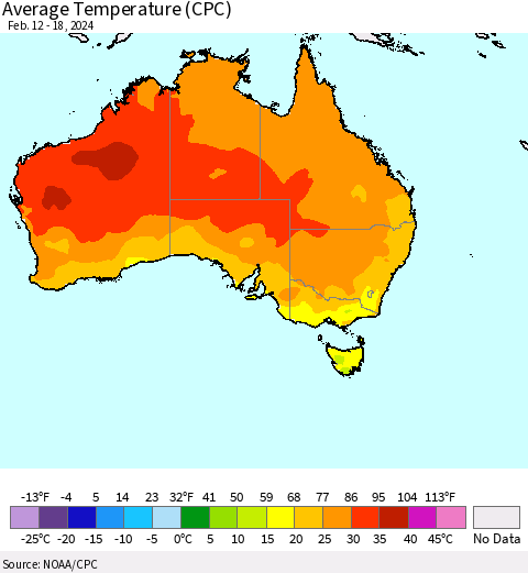 Australia Average Temperature (CPC) Thematic Map For 2/12/2024 - 2/18/2024