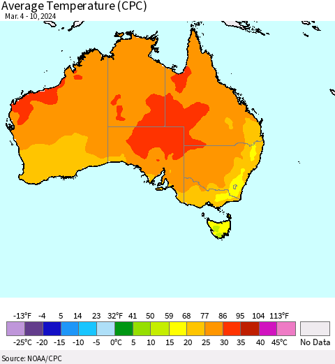 Australia Average Temperature (CPC) Thematic Map For 3/4/2024 - 3/10/2024
