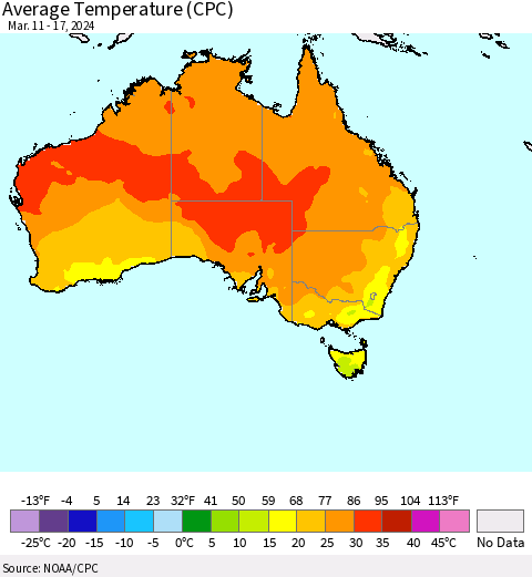 Australia Average Temperature (CPC) Thematic Map For 3/11/2024 - 3/17/2024